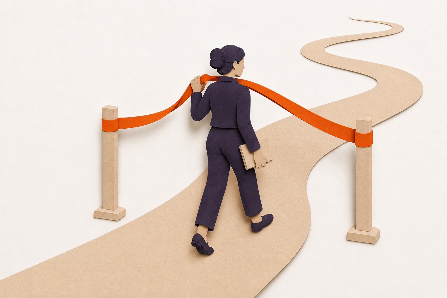A woman lifts an orange finish-line ribbon while the path continues far beyond it.