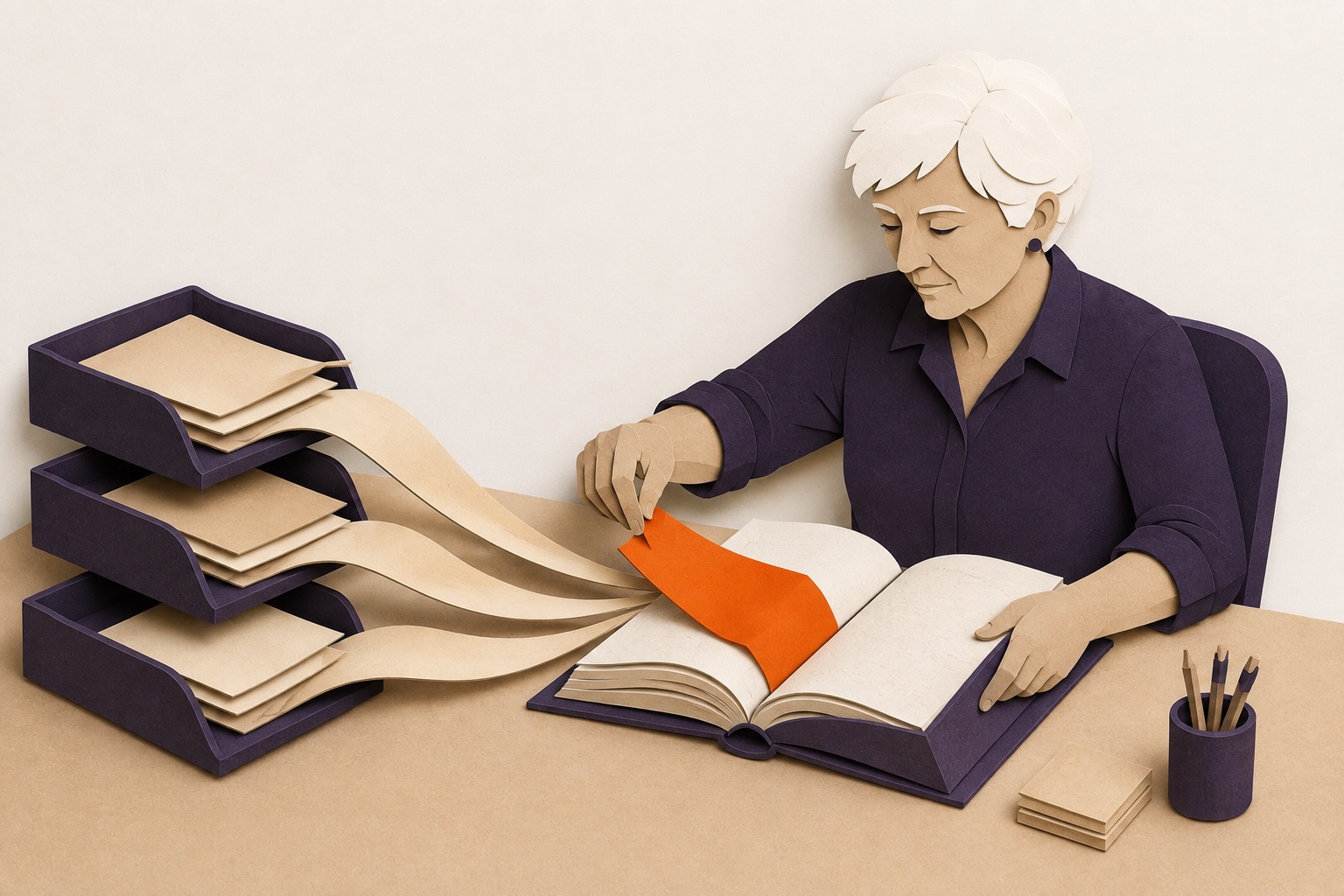 An illustrated author selects one orange page from three streams of drafts and places it in an open book.