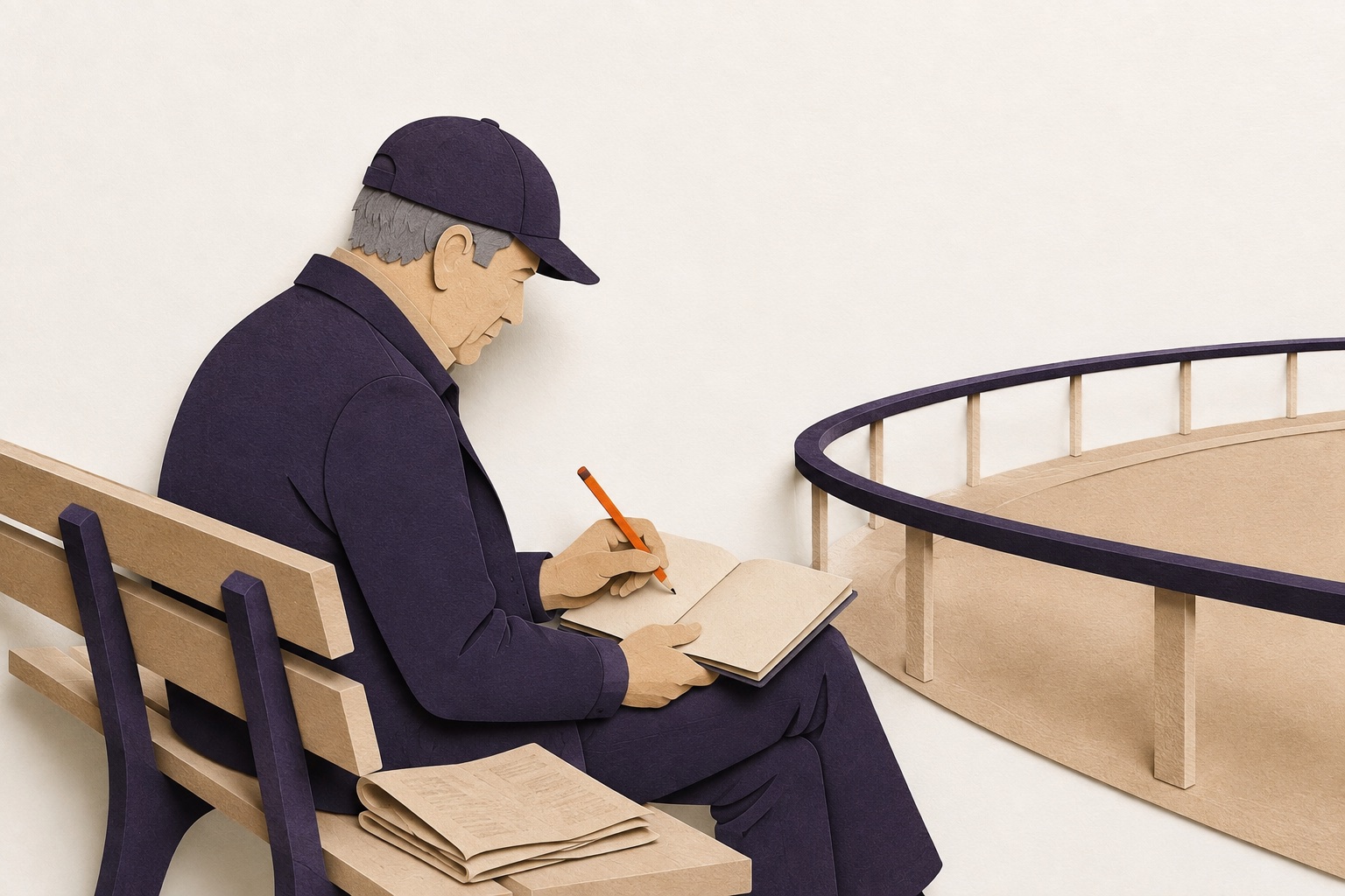 An older person makes notes with an orange pencil on a racecourse bench beside an empty track.