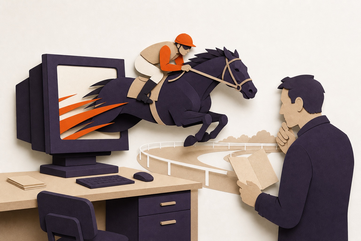 A paper racehorse escapes a computer and meets the real world.