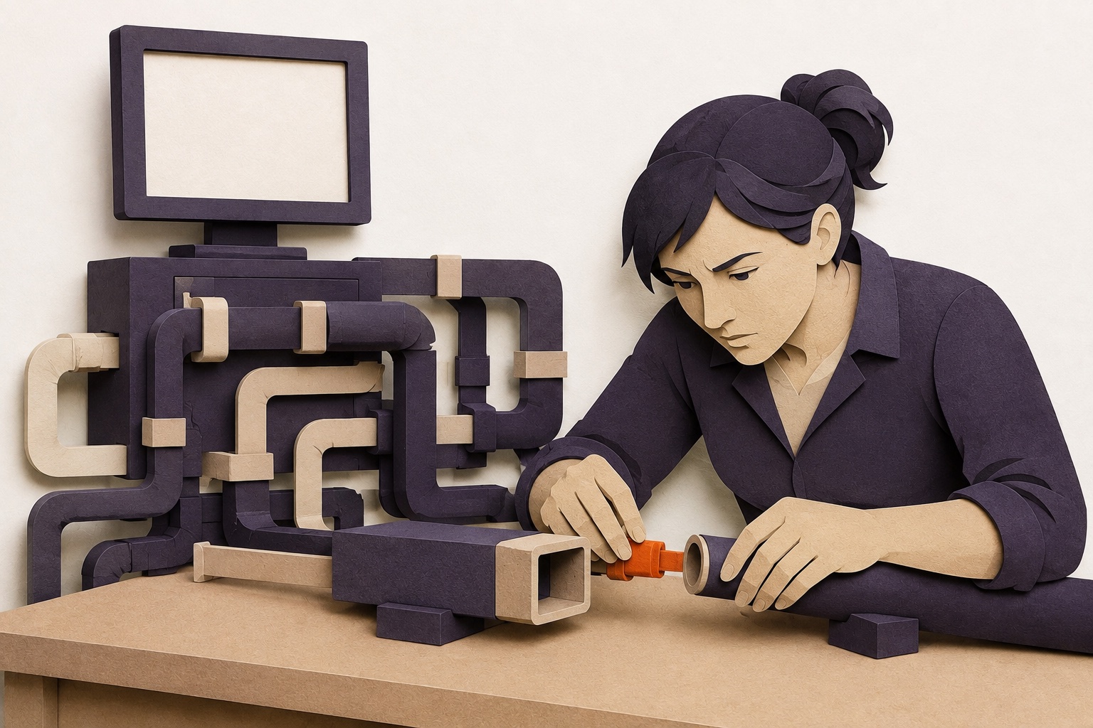 A woman fits an orange connector between mismatched pipes beneath a computer surrounded by convoluted paper plumbing.