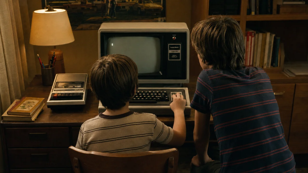 Two boys seen from behind at a desk with a TRS-80 computer in a late-1970s room.