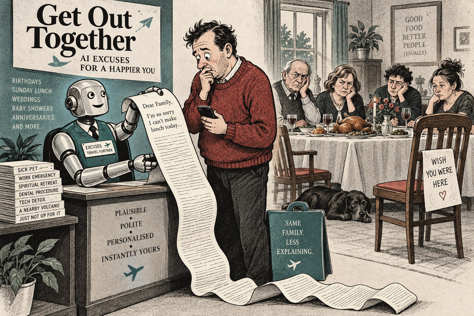 Satirical illustration of a robot handing a long excuse letter to a phone user while a disappointed family waits at Sunday lunch.