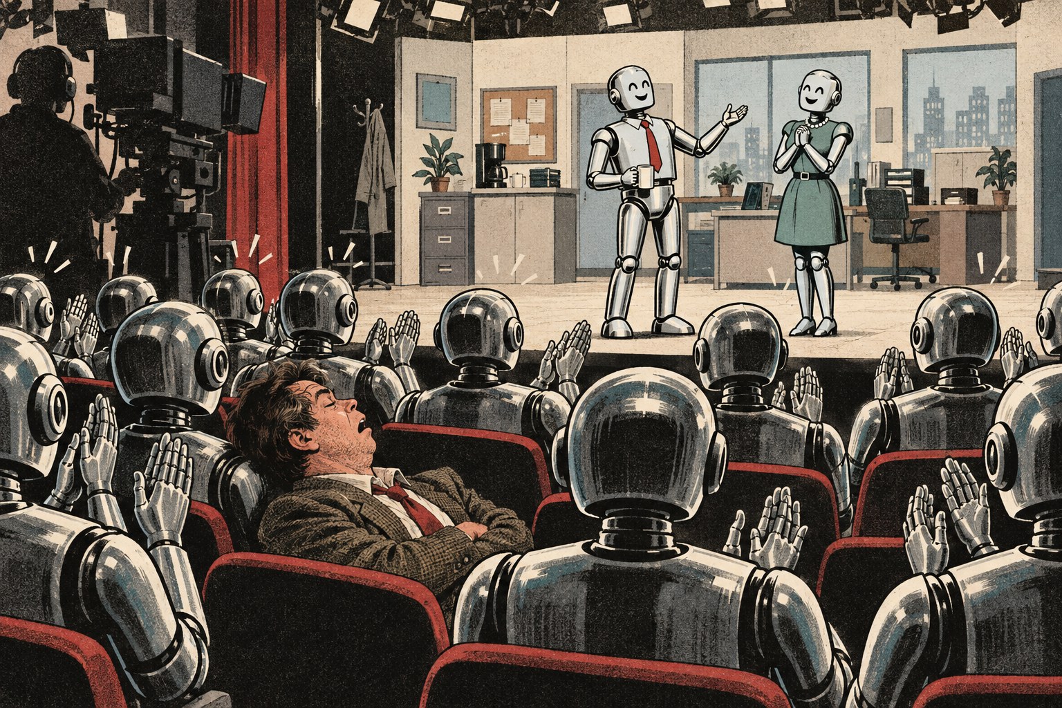 Satirical illustration of robot audience members applauding a robot sitcom while the only human in the seats sleeps.