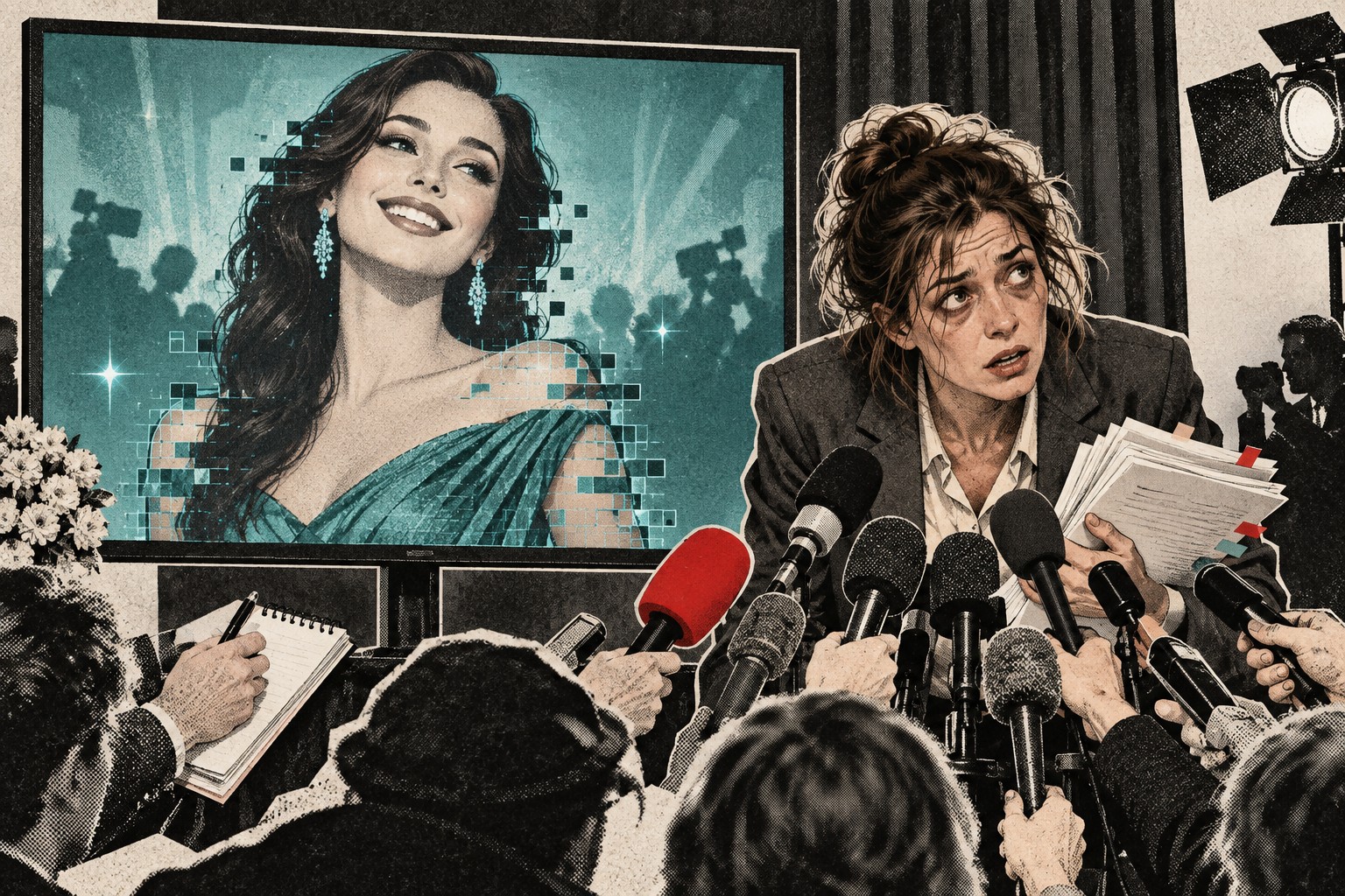 Newspaper illustration of a smiling fictional AI actress on a monitor while an exhausted human stand-in answers a crowd of microphones.