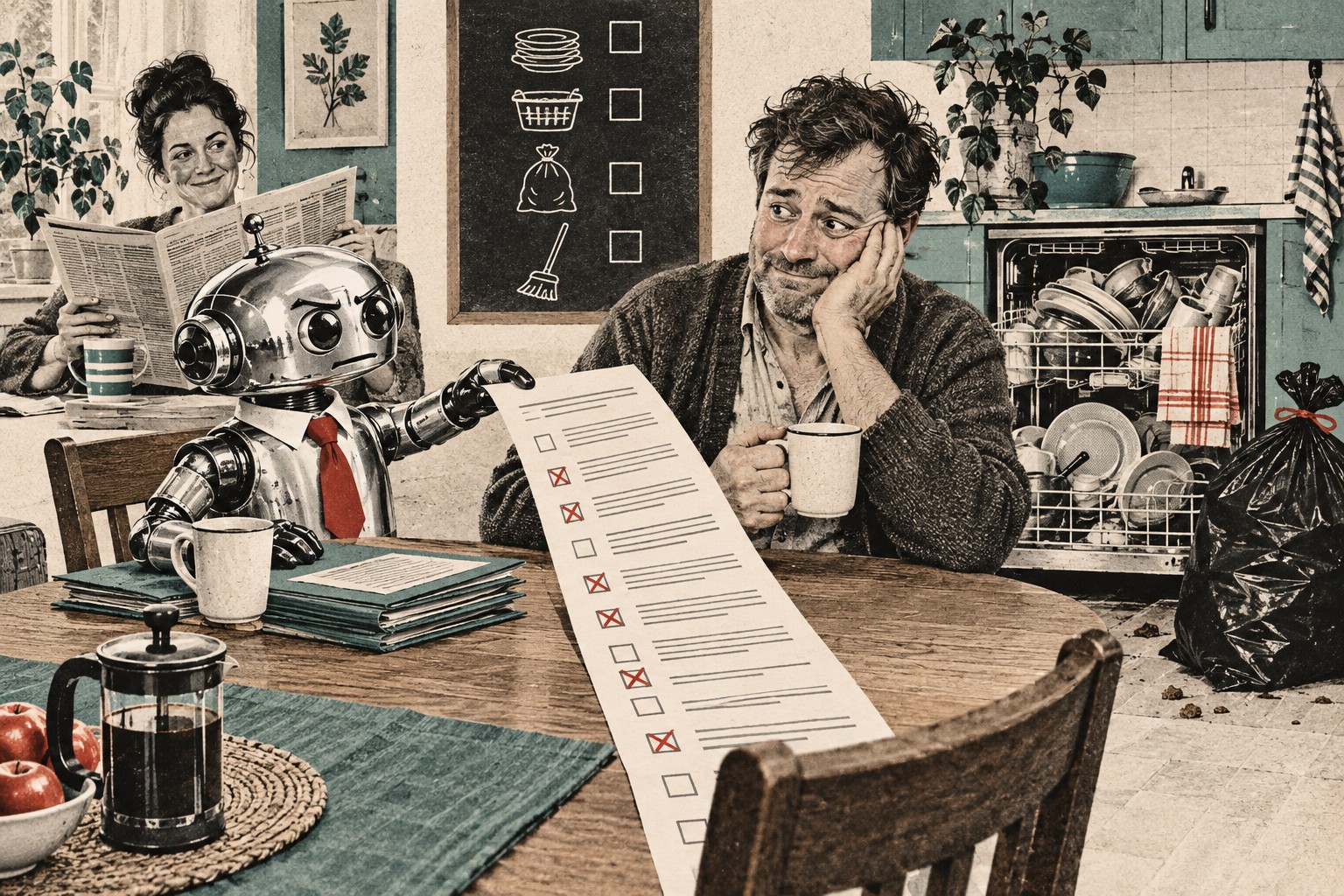 Satirical newspaper illustration of a robot conducting Dad’s performance review at the kitchen table, beside unfinished household chores.