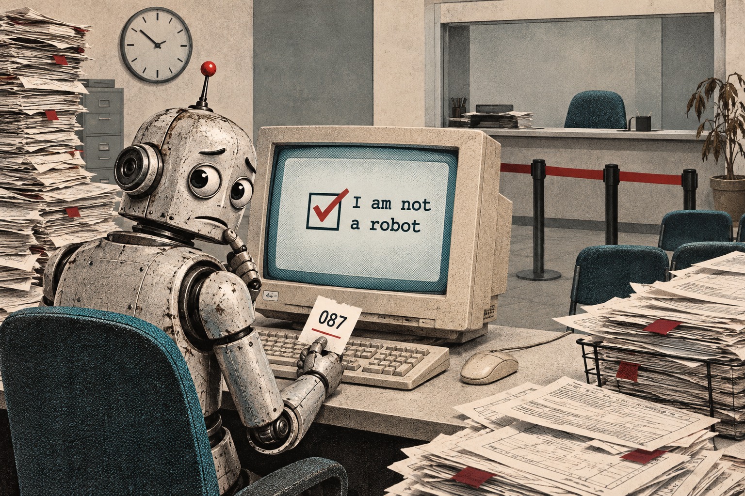 Satirical halftone illustration of a robot facing an I am not a robot checkbox at a government office computer.