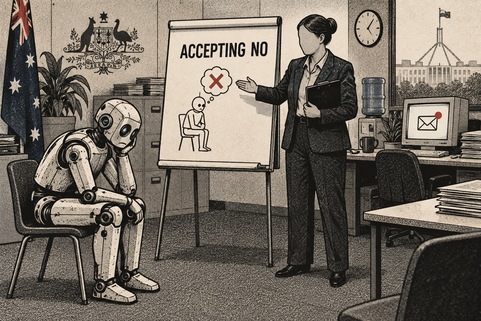 Satirical halftone illustration of an office robot at an Accepting No workshop while a notification waits on an unattended computer.