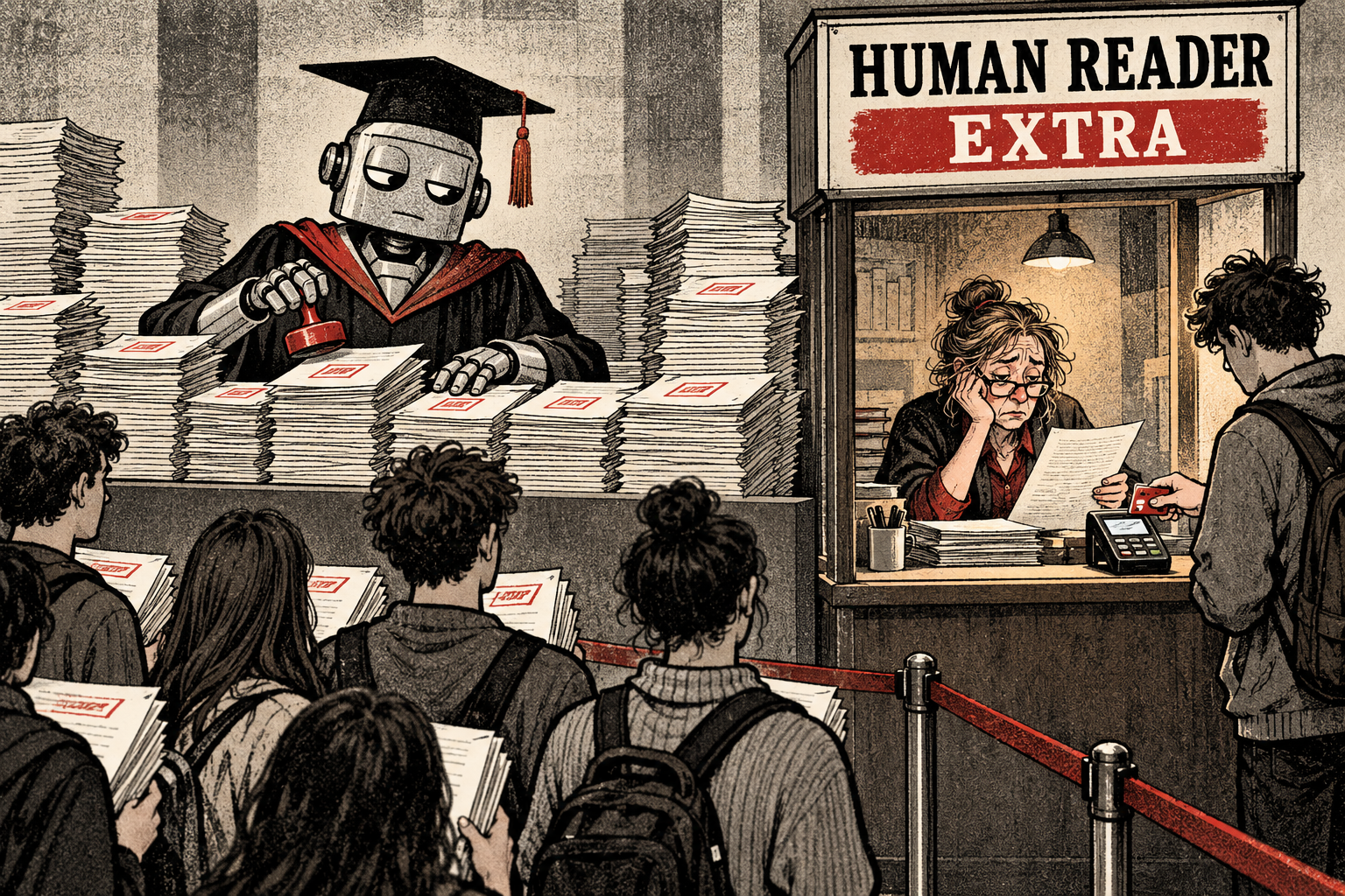 Satirical newspaper drawing of automated essay marking beside a paid booth where a human lecturer reads a student’s work.