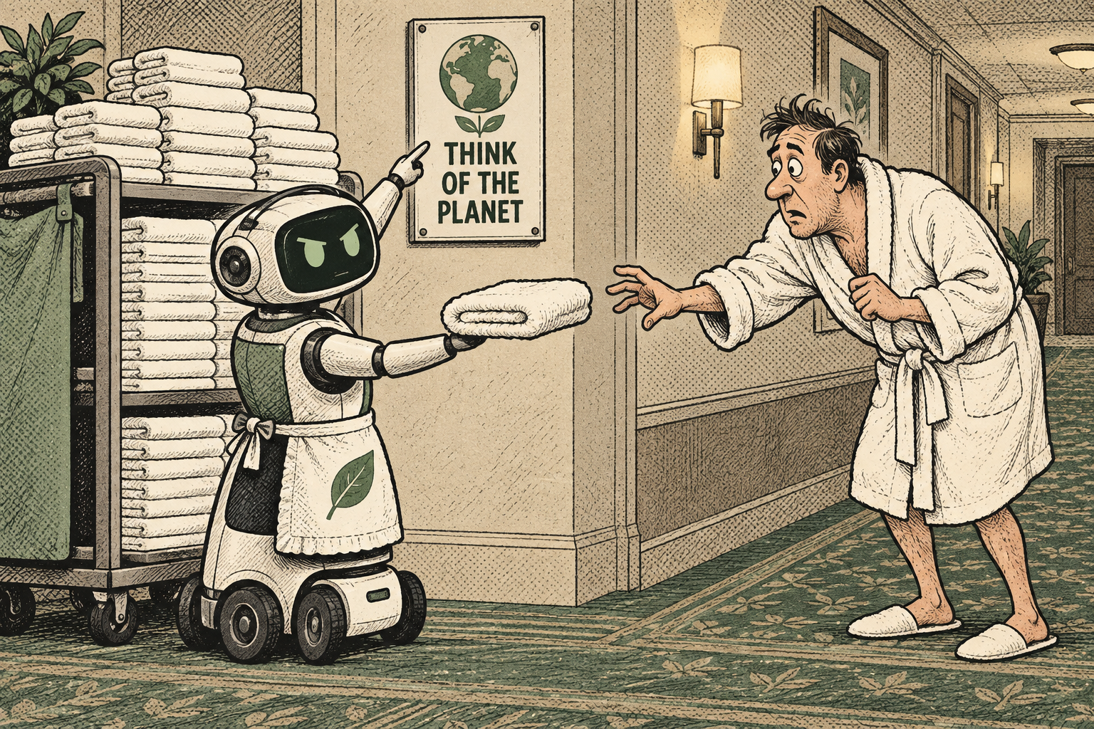 Fictional laundry robot points to a Think of the Planet sign while a hotel guest reaches for a clean towel.