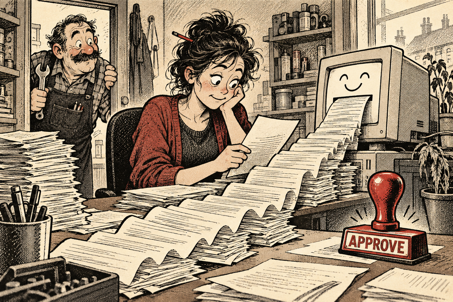 A human assistant reviews a towering stack of computer-generated paperwork in a hardware shop while its owner looks in.