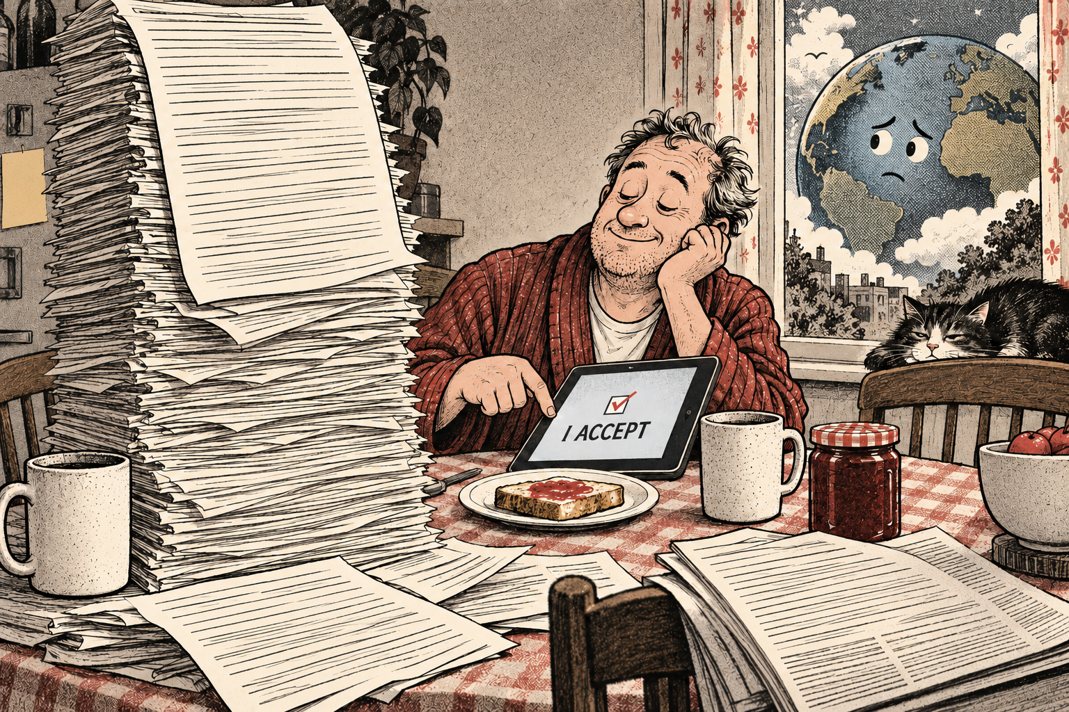 A fictional investor taps I ACCEPT over breakfast beside a towering pile of risk disclosures and a worried cartoon Earth.