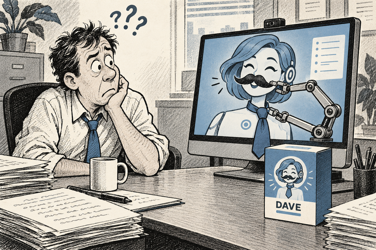 A fictional digital assistant avatar receives a clip-on moustache and tie beside a box marked DAVE while an office manager watches.