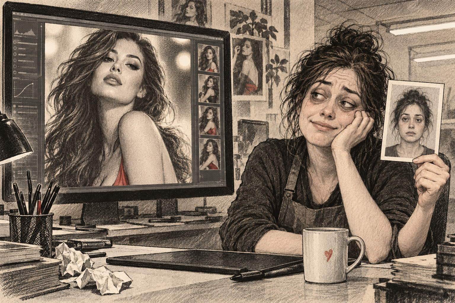 A glamorous fictional digital influencer on a monitor contrasts with an awkward, badly lit portrait held by a weary human retoucher.