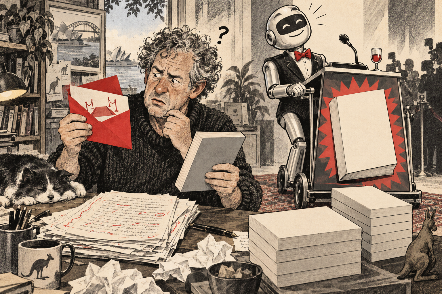 A baffled fictional novelist studies a launch invitation and a generic paperback while a cheerful robotic publicist wheels in a lectern.