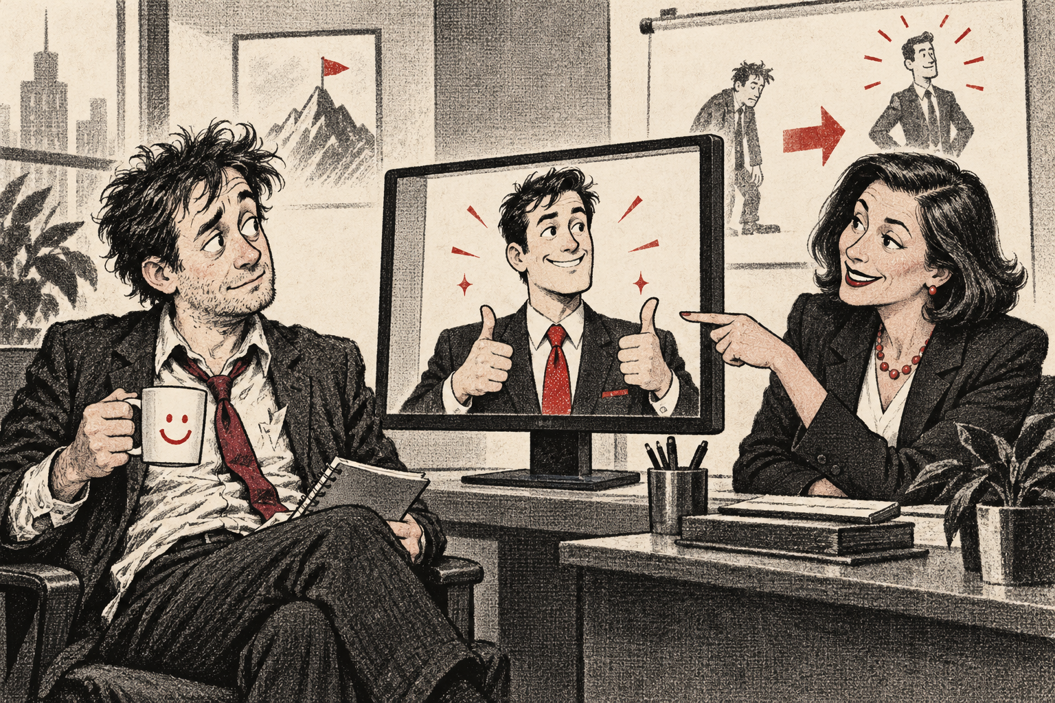 A bemused employee watches his polished digital double give two thumbs up while an HR trainer points at the screen.