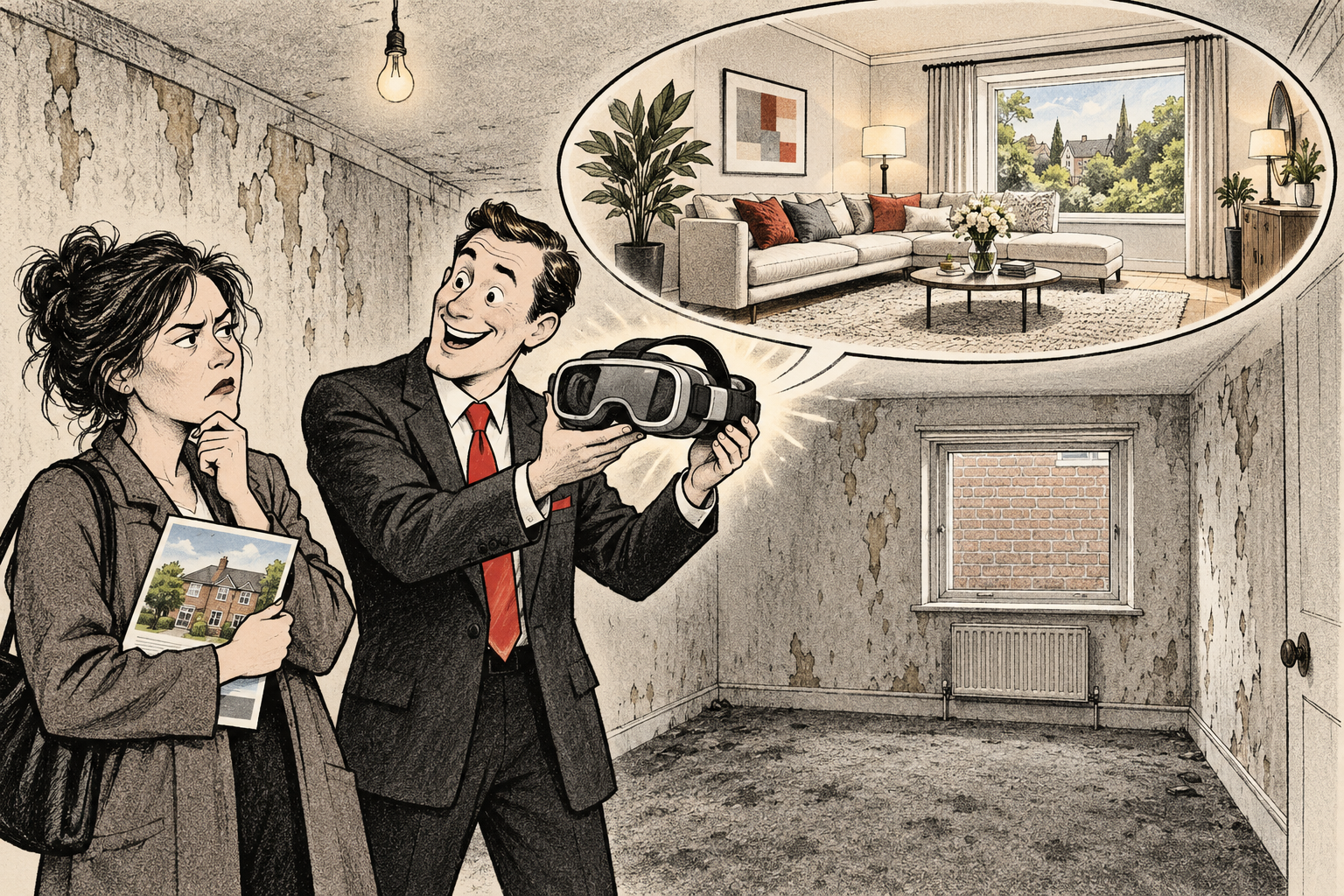 An estate agent offers viewing goggles to a sceptical buyer in a shabby room, beside an imagined luxurious version of the same interior.