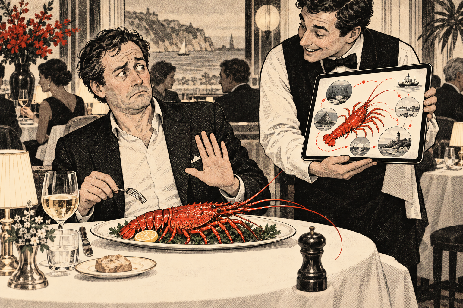 An awkward diner waves away a waiter’s tablet showing a lobster portrait while the lobster sits on his dinner plate.