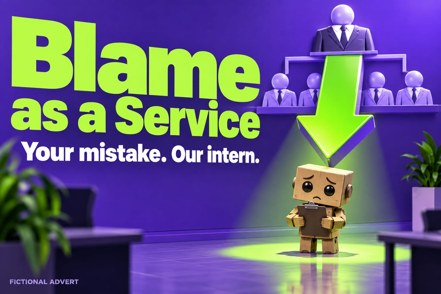 Blame as a Service. Your mistake. Our intern. AI-generated fictional advert.