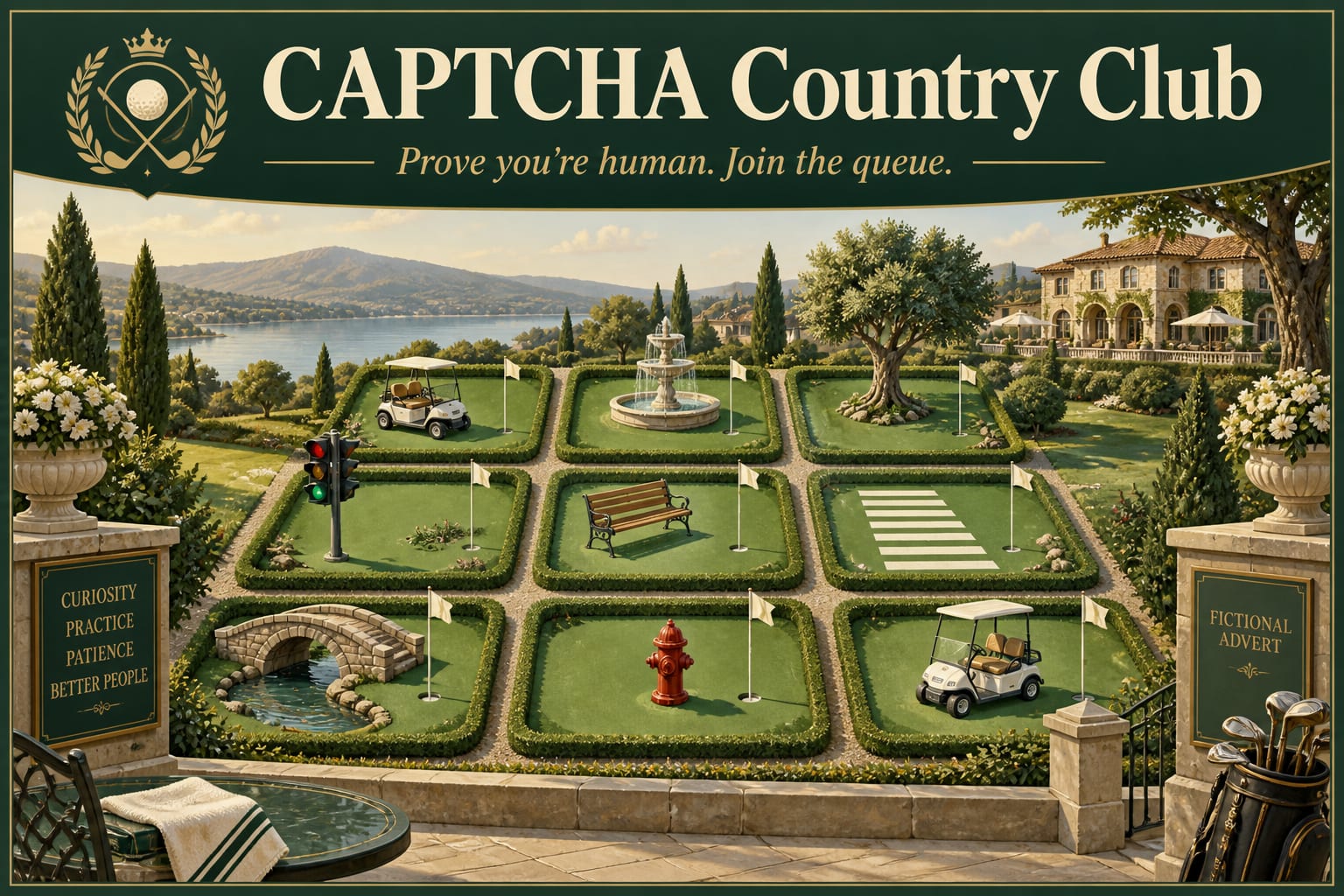 CAPTCHA Country Club. Prove you're human. Join the queue. AI-generated fictional advert.