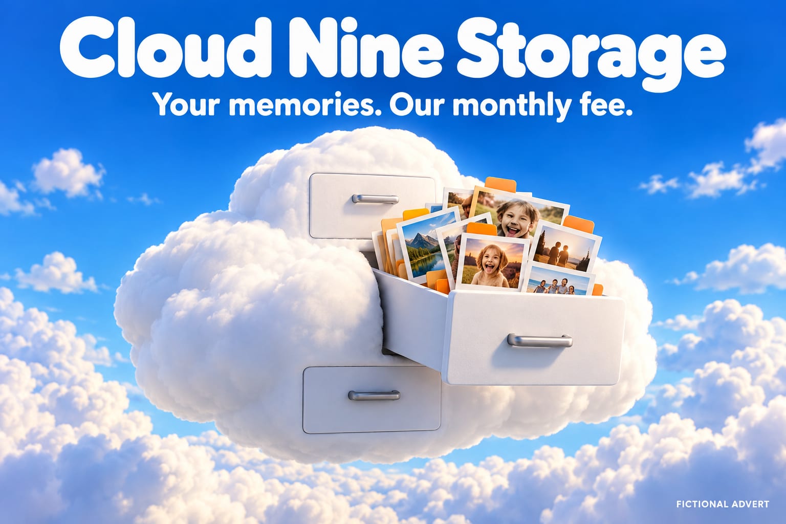 Cloud Nine Storage. Your memories. Our monthly fee. AI-generated fictional advert.