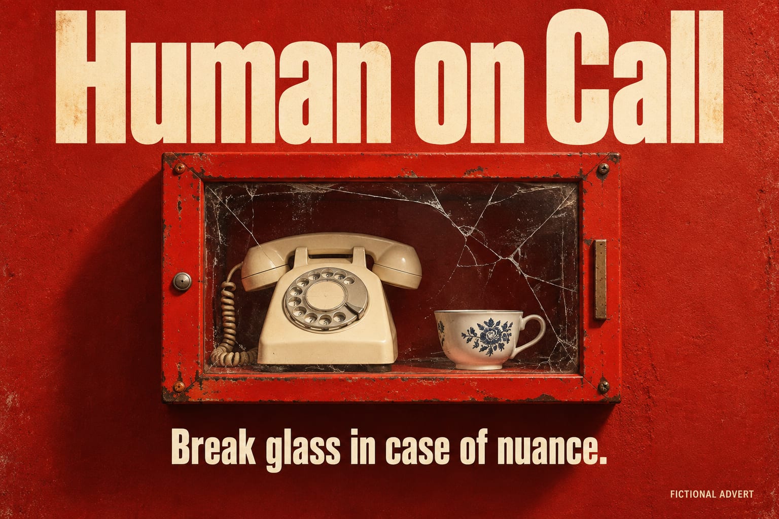 Human on Call. Break glass in case of nuance. AI-generated fictional advert.