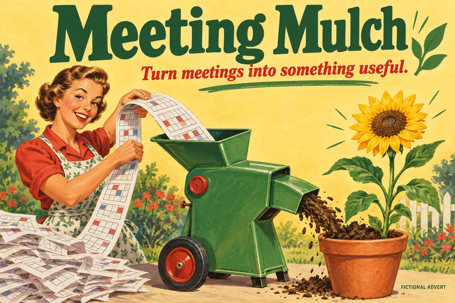 Meeting Mulch. Turn meetings into something useful. AI-generated fictional advert.