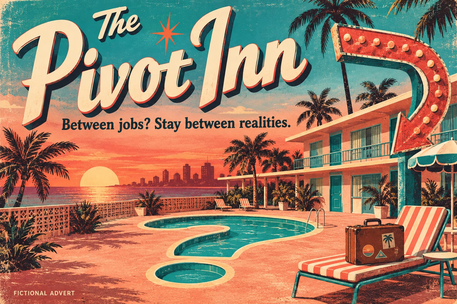 The Pivot Inn. Between jobs? Stay between realities. AI-generated fictional advert.