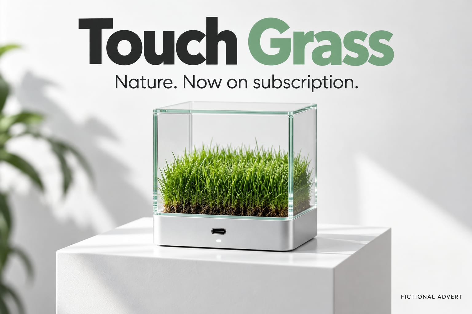 Touch Grass. Nature. Now on subscription. AI-generated fictional advert.