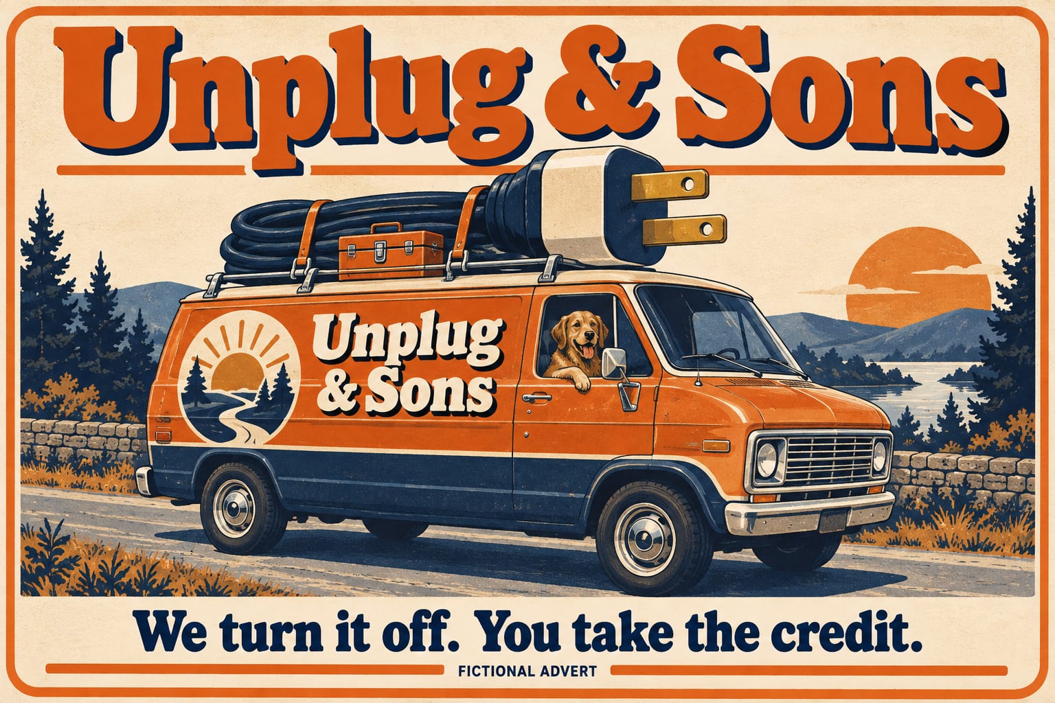 Unplug & Sons. We turn it off. You take the credit. AI-generated fictional advert.