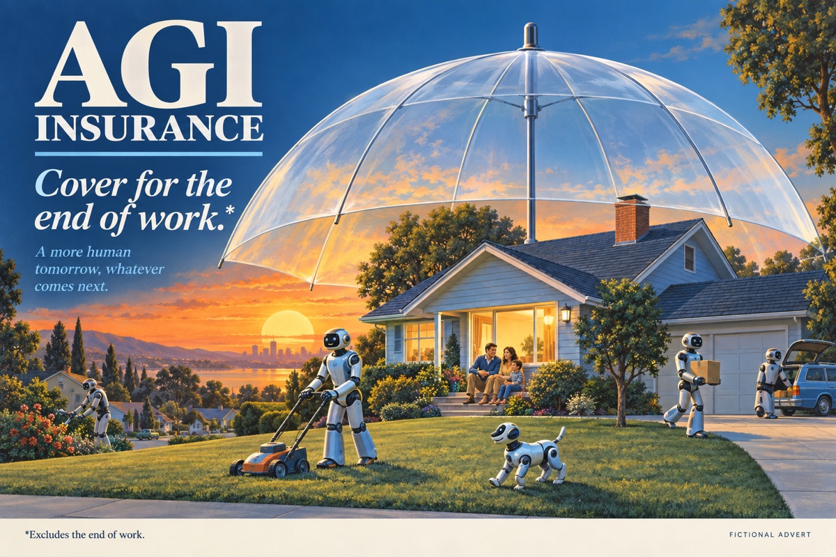 AGI INSURANCE. Cover for the end of work. Excludes the end of work. A reassuring retro house sheltered by a giant umbrella. Fictional advert.