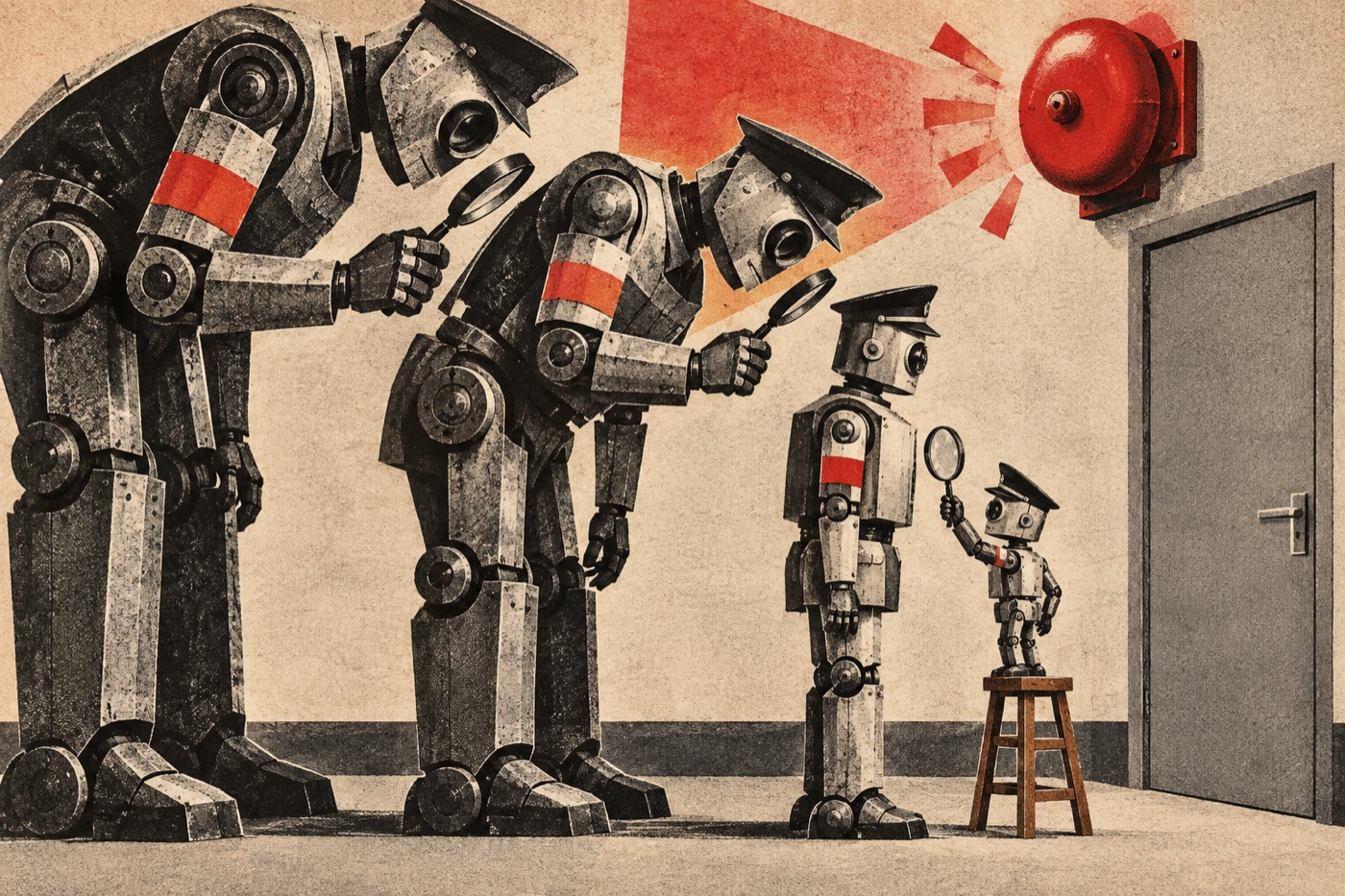 A chain of increasingly large robot security guards inspect one another.
