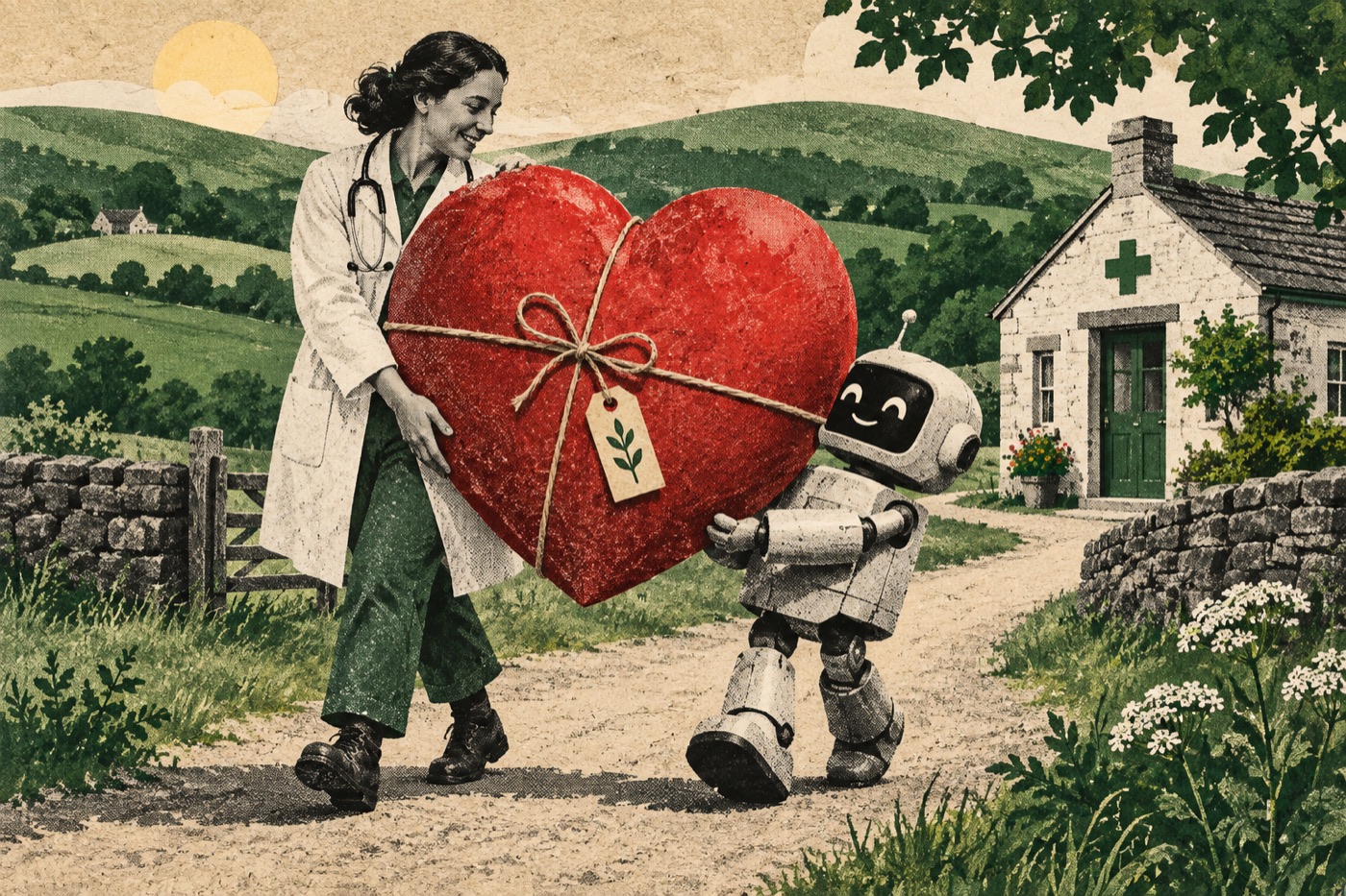 A doctor and friendly robot hold a large symbolic heart beside a small rural clinic.