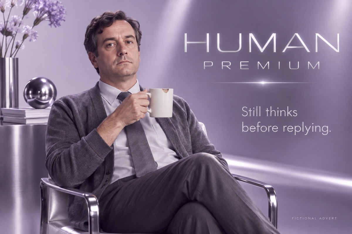 HUMAN PREMIUM. Still thinks before replying. A glossy lavender fashion-style portrait of an ordinary colleague. Fictional advert.