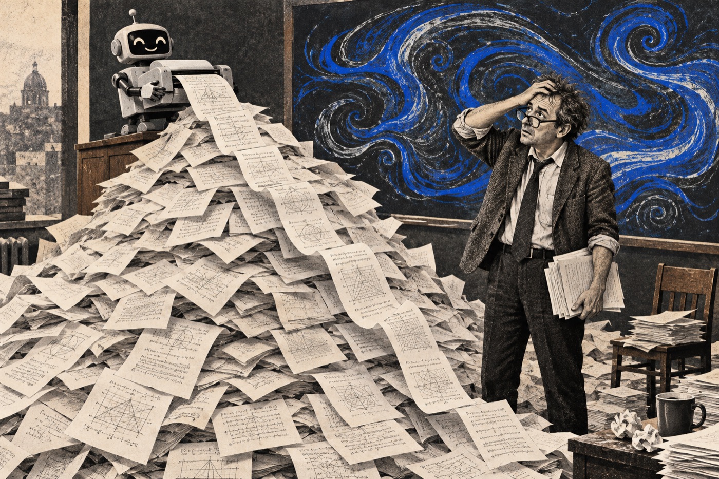 An overwhelmed mathematician stands beside a mountain of proof pages produced by a small robot printer.
