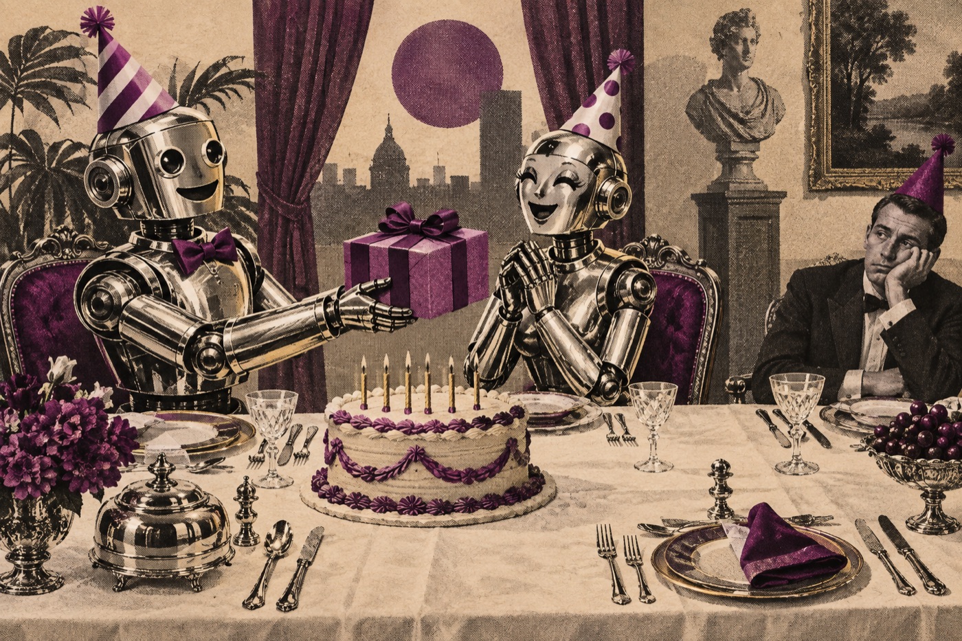 Two robots in party hats exchange a present at a dinner table while a bored human watches.