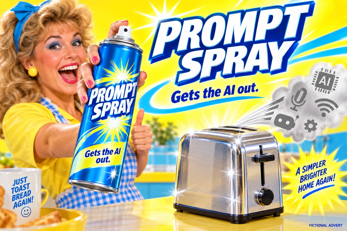 PROMPT SPRAY. Gets the AI out. A bright yellow and cyan cleaning advert with a spray can and ordinary toaster. Fictional advert.