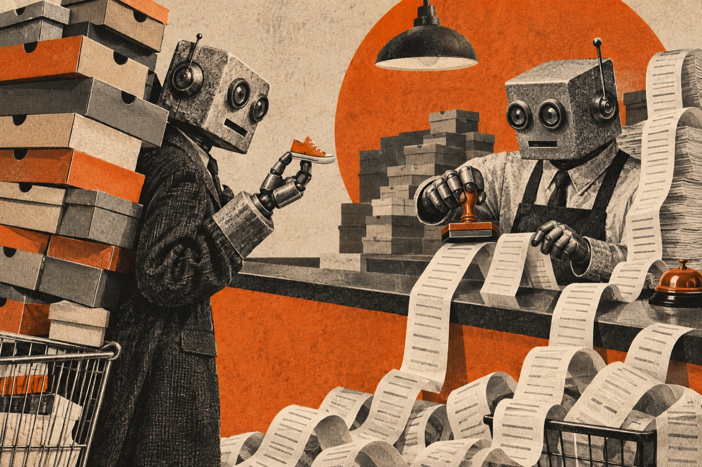 Two robots negotiate over a tiny shoe at a returns counter surrounded by boxes.