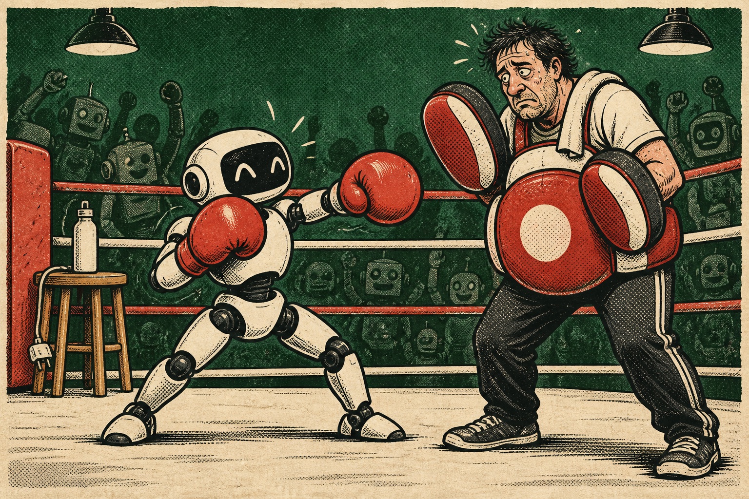 An illustrated robot boxer faces a worried human trainer in padded gear, with a charging cable in its corner.