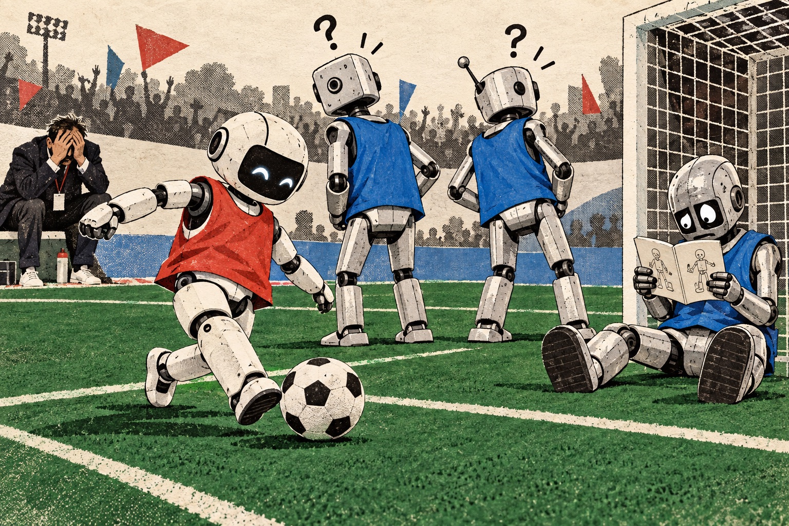 An illustrated red-bib robot shoots past confused blue-bib defenders while the goalkeeper consults an instruction booklet.