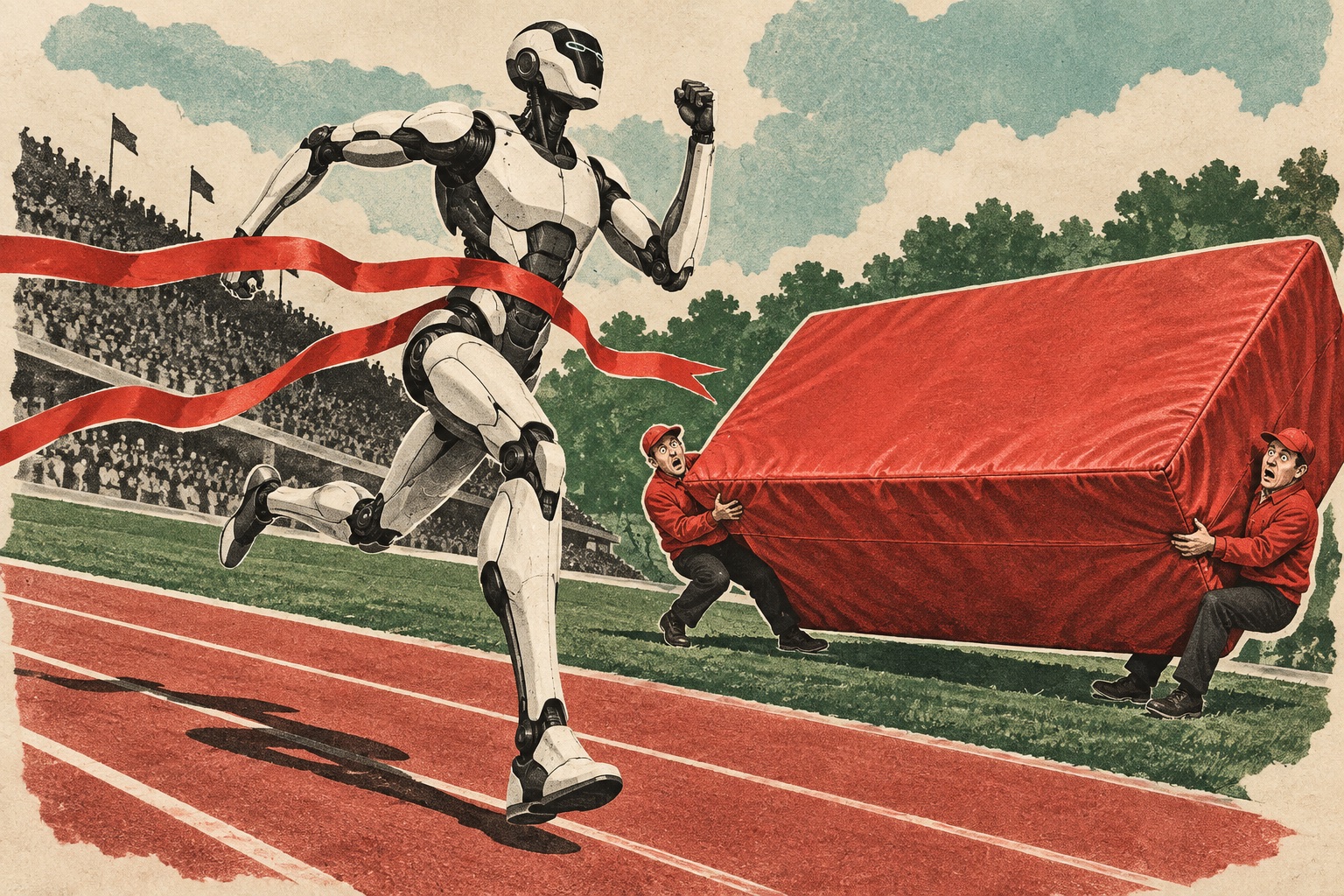 An illustrated humanoid sprinter breaks a finish ribbon as two startled marshals hold an enormous crash mat.