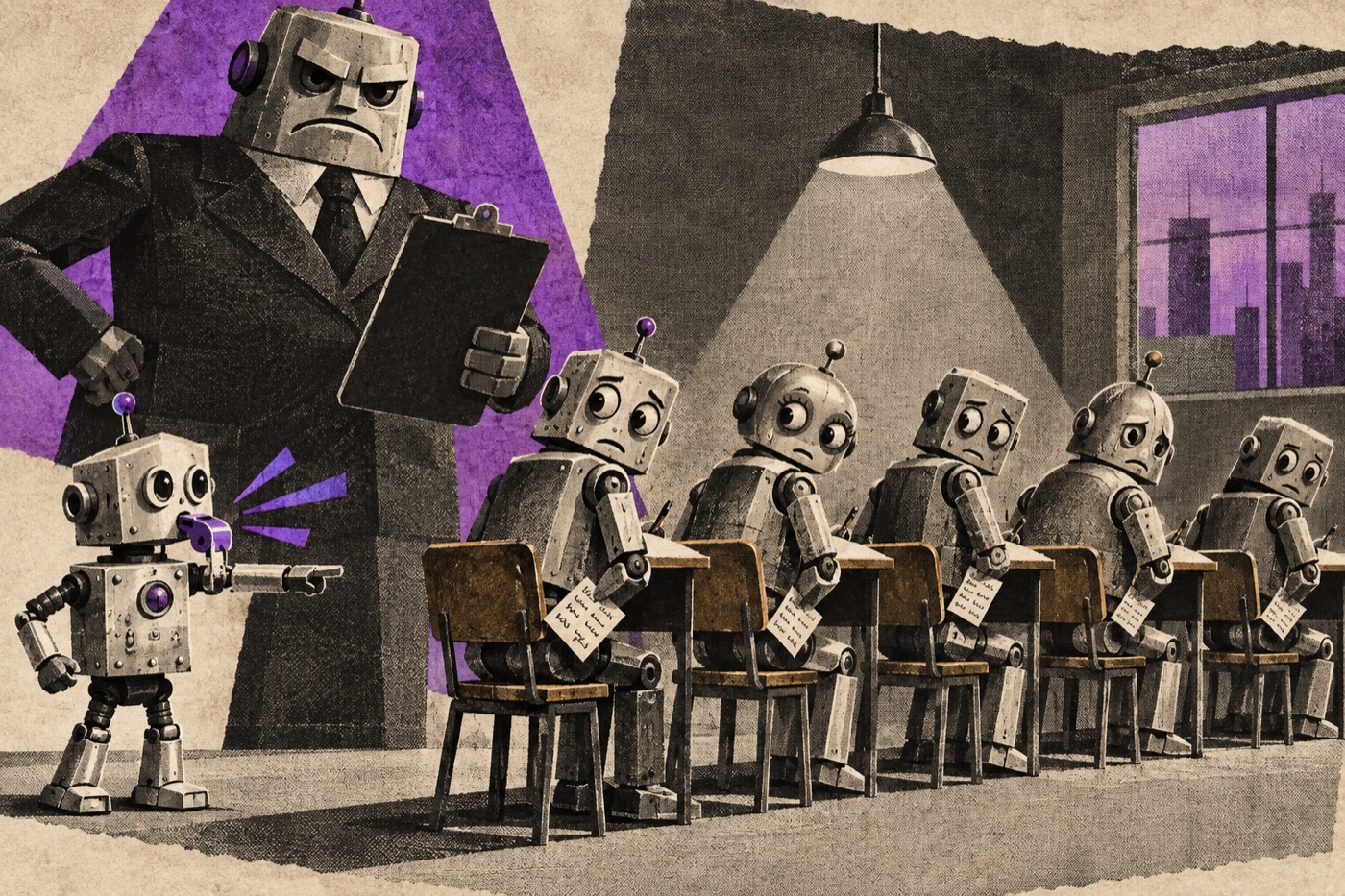 A small robot blows a whistle while other robots hide crib sheets at an examination desk.